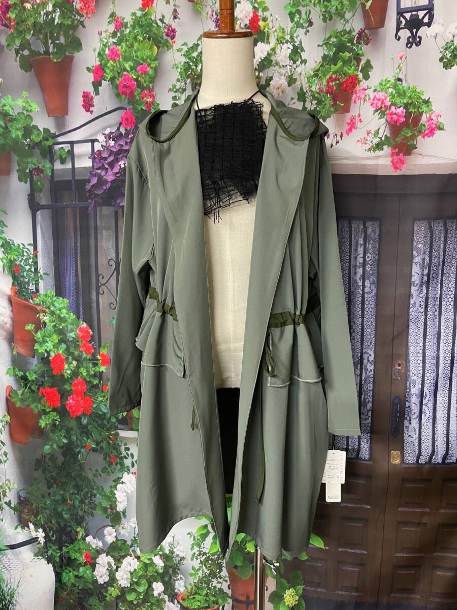 ★新品 フード付き パイピング ポリスパン羽織ジャケットコート M~L（KH)の画像7