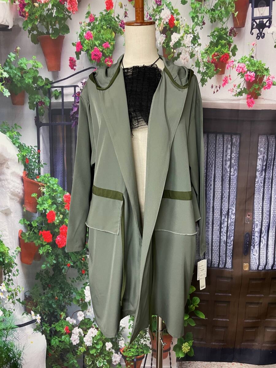 ★新品 フード付き パイピング ポリスパン羽織ジャケットコート M~L（KH)の画像1