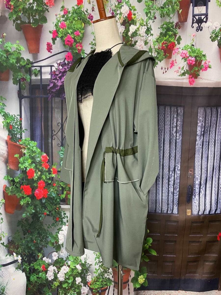 ★新品 フード付き パイピング ポリスパン羽織ジャケットコート M~L（KH)の画像6