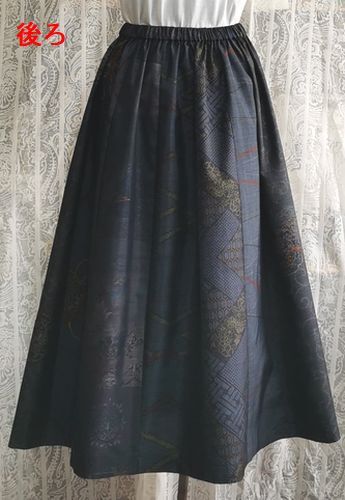 кимоно переделка ручная работа длинный резина юбка (W60~75 примерно ) общая длина 78cm 12 листов - gi Ooshima эпонж 6 вид обратная сторона нет темно-синий серия 