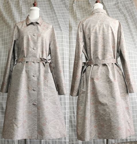 着物リメイク  ハンドメイド コート ワンピース  長袖  正絹大島 紬   薄グレーベージュ系の画像2