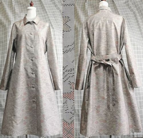 着物リメイク  ハンドメイド コート ワンピース  長袖  正絹大島 紬   薄グレーベージュ系の画像1