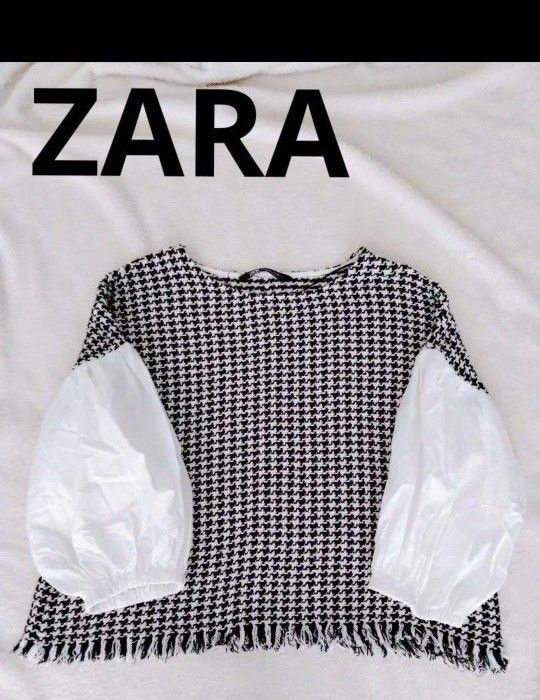 ZARA　ザラ　 プルオーバー ブラウス パフスリーブ トップス カットソー　春夏　千鳥格子　フリンジ