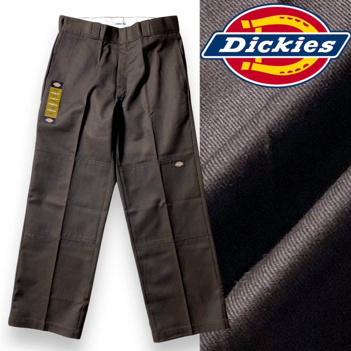 【34×30】新品 ディッキーズ ダブルニー ワークパンツ Dickies ルーズフィット W34×30 ダークブラウン 85283DB　アメカジ チノパン◆R460_画像1