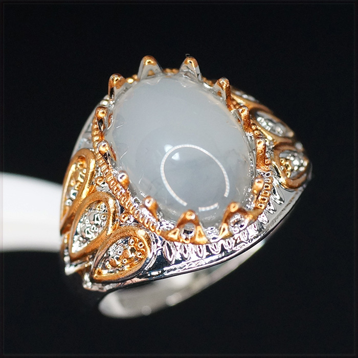 [RING] White & Rose Gold Plated オーバル ミルキー クォーツ アンティーク デザイン 18.5mm ワイド ホワイト ゴールド リング 19号_画像1