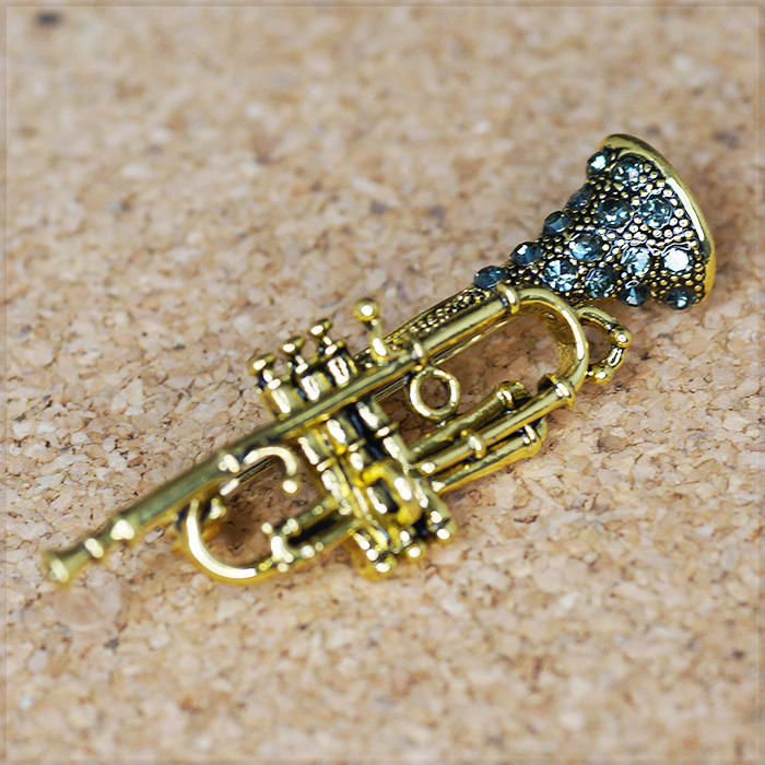 [BROOCH] Gold & Crystal CZ Trumpet 金管楽器 吹奏楽 ブラスバンド トランペット ラッパ 4.5cm メタル ゴールド ブローチの画像5