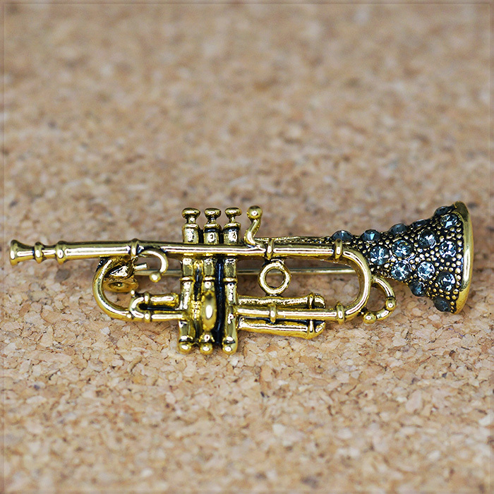 [BROOCH] Gold & Crystal CZ Trumpet 金管楽器 吹奏楽 ブラスバンド トランペット ラッパ 4.5cm メタル ゴールド ブローチの画像6