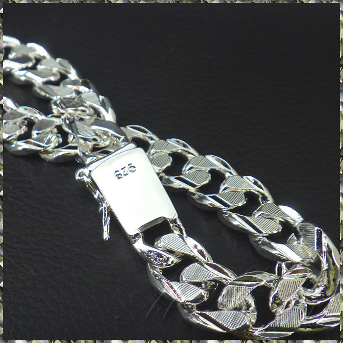 [BRACELET] 925 Sterling Silver Plated シルバー スクエア ロック 喜平チェーン センター削り ブレスレット 10x190mm (28.5g)_画像2