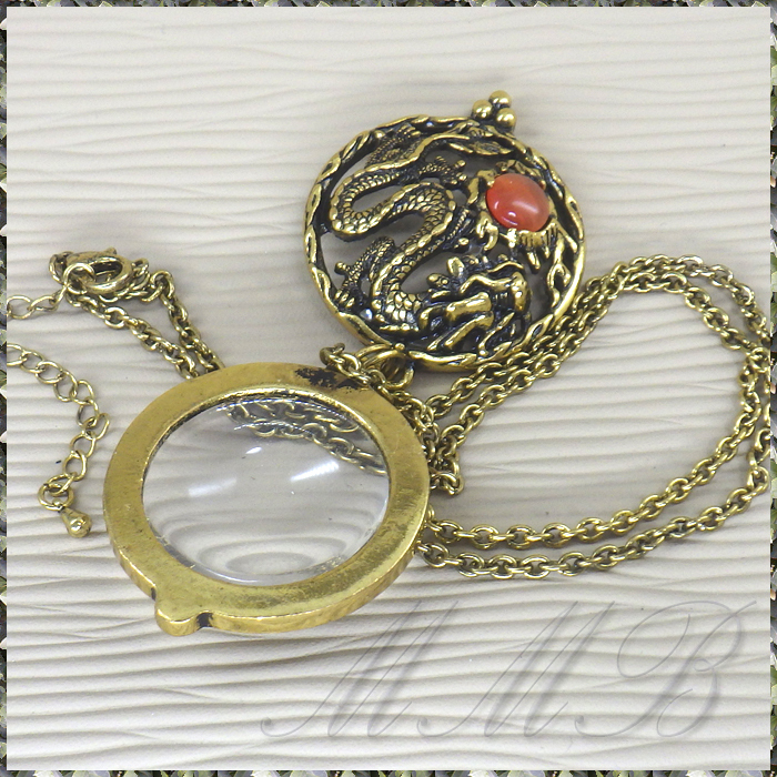 [PENDANT NECKLACE] ヴィンテージ 虫眼鏡 老眼鏡 拡大 ルーペ レンズ ペンダント ネックレス タイガーアイ 宝玉 龍ドラゴン【送料無料】_画像4