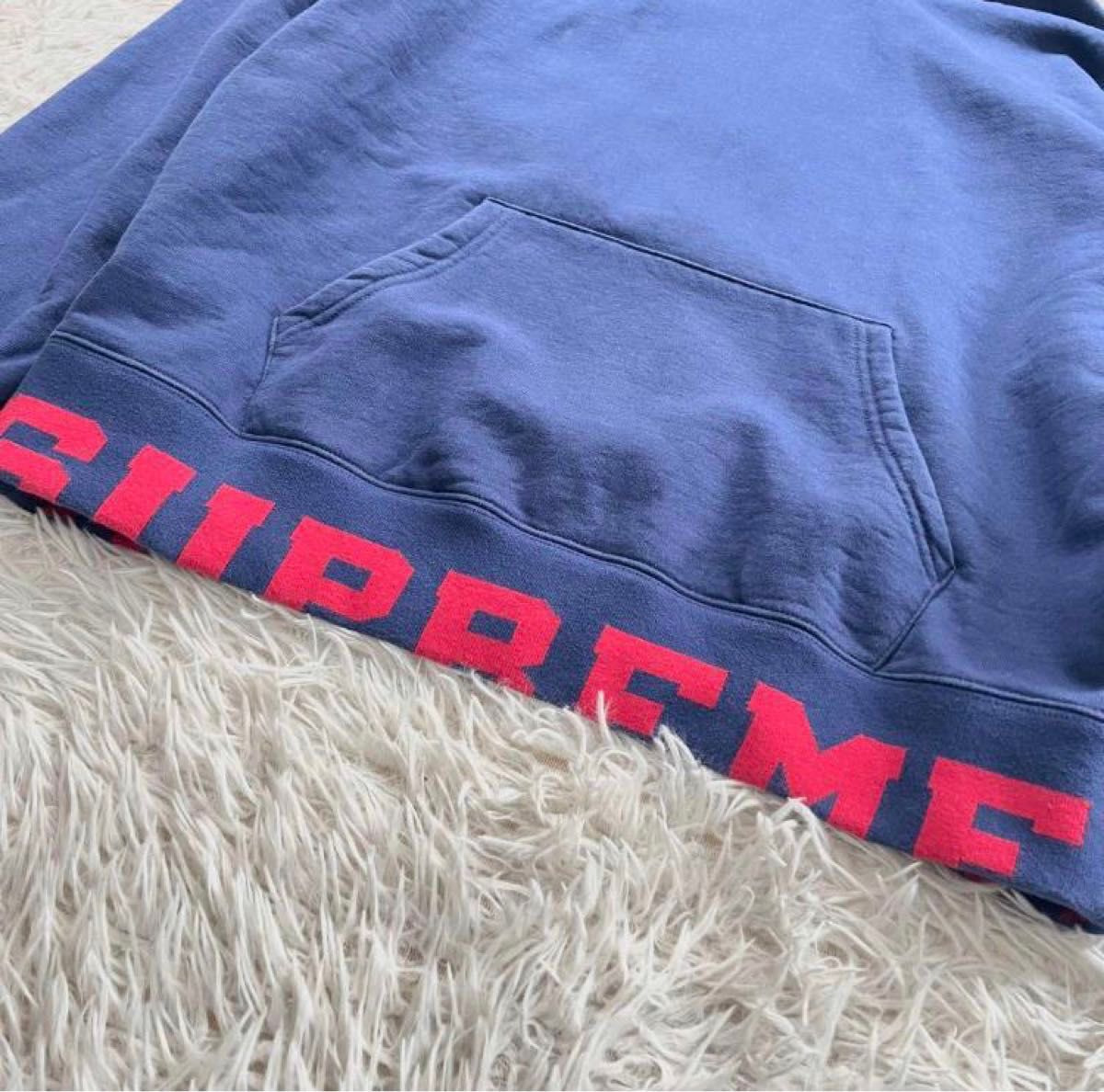 Supremeシュプリーム　クロップドロゴ　フード付き スウェットシャツ ダークブルー　M パーカー　プリントロゴ　プルオーバー