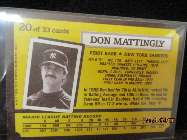 ★野球カード　D・マッティングリー　1989 Topps KAY BEE #20_画像2
