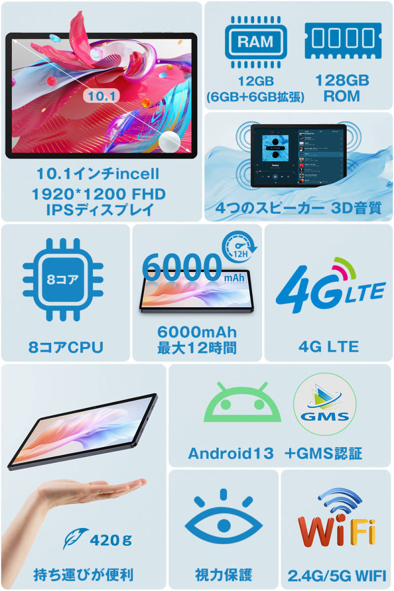 タブレット Android13 8コア高性能 10インチ RAM12GB/ROM128GB SIMフリー Wi-Fi アンドロイド 軽量 新品 子供 プレゼント 1920*1200Iの画像2