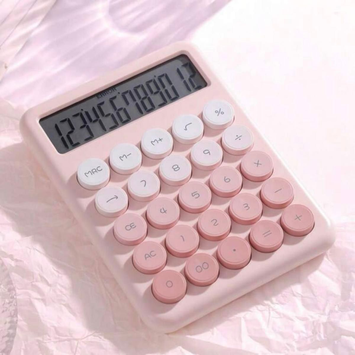 グラデーション丸ボタン電卓 ピンク 12桁表示 カラフル 可愛い電卓 計算機 家計簿 事務用品 店舗用品 おしゃれ かわいい電卓