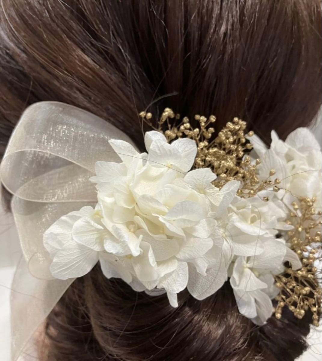 12 髪飾り プリザーブドフラワー ゴールド 金 ヘッドドレス 結婚式 和装 白 ホワイト  成人式 花 ヘアアクセサリー