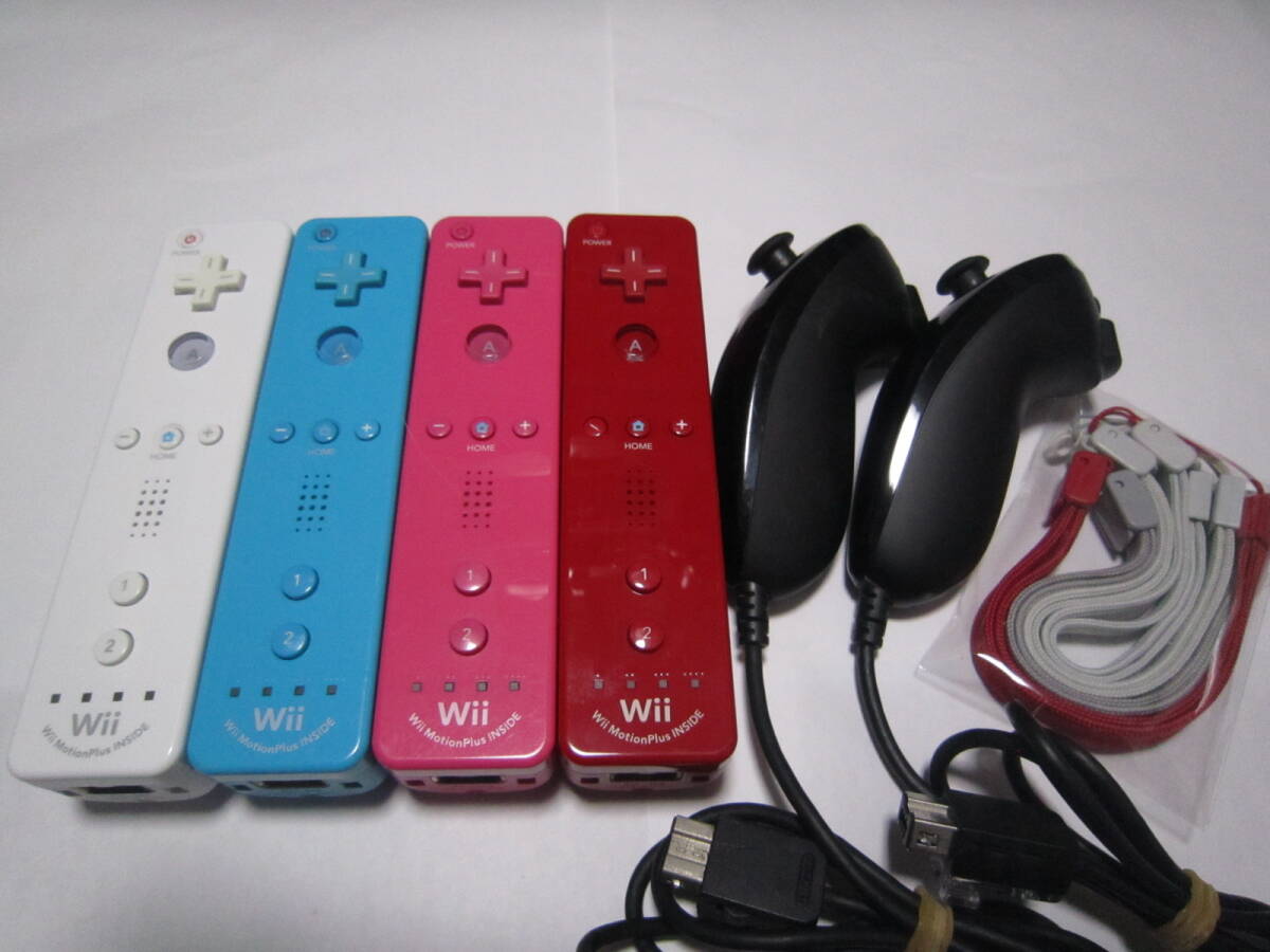 Wii リモコン モーションプラス 4個 白 水色 ピンク 赤 ＋ ヌンチャク 2個 黒 ストラップ 4個 動作確認済 同梱歓迎_画像1