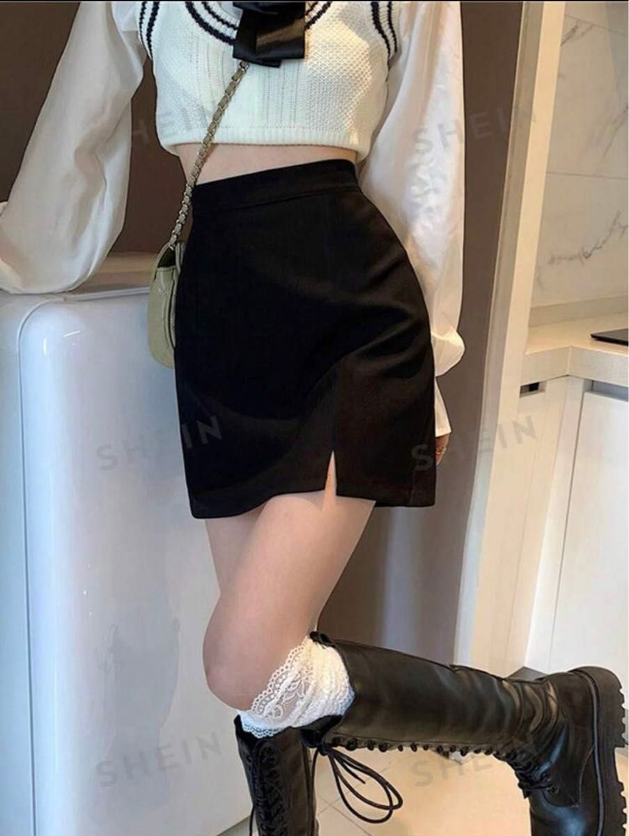 SHEIN スリットヘムスカート　黒スカートLサイズ 着痩せ 美脚ミニスカート