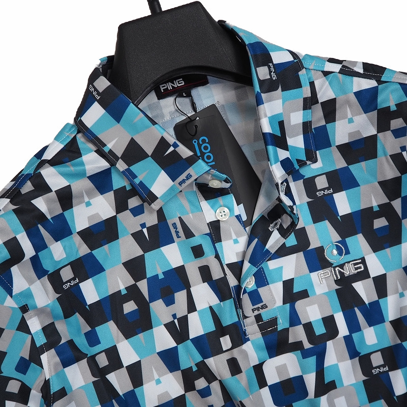 R347 新品 ピン ゴルフ 総柄 クールマックス 鹿の子 ポロシャツ 半袖 PING アリゾナロゴ (サイズ:LL) ブルー系_画像3