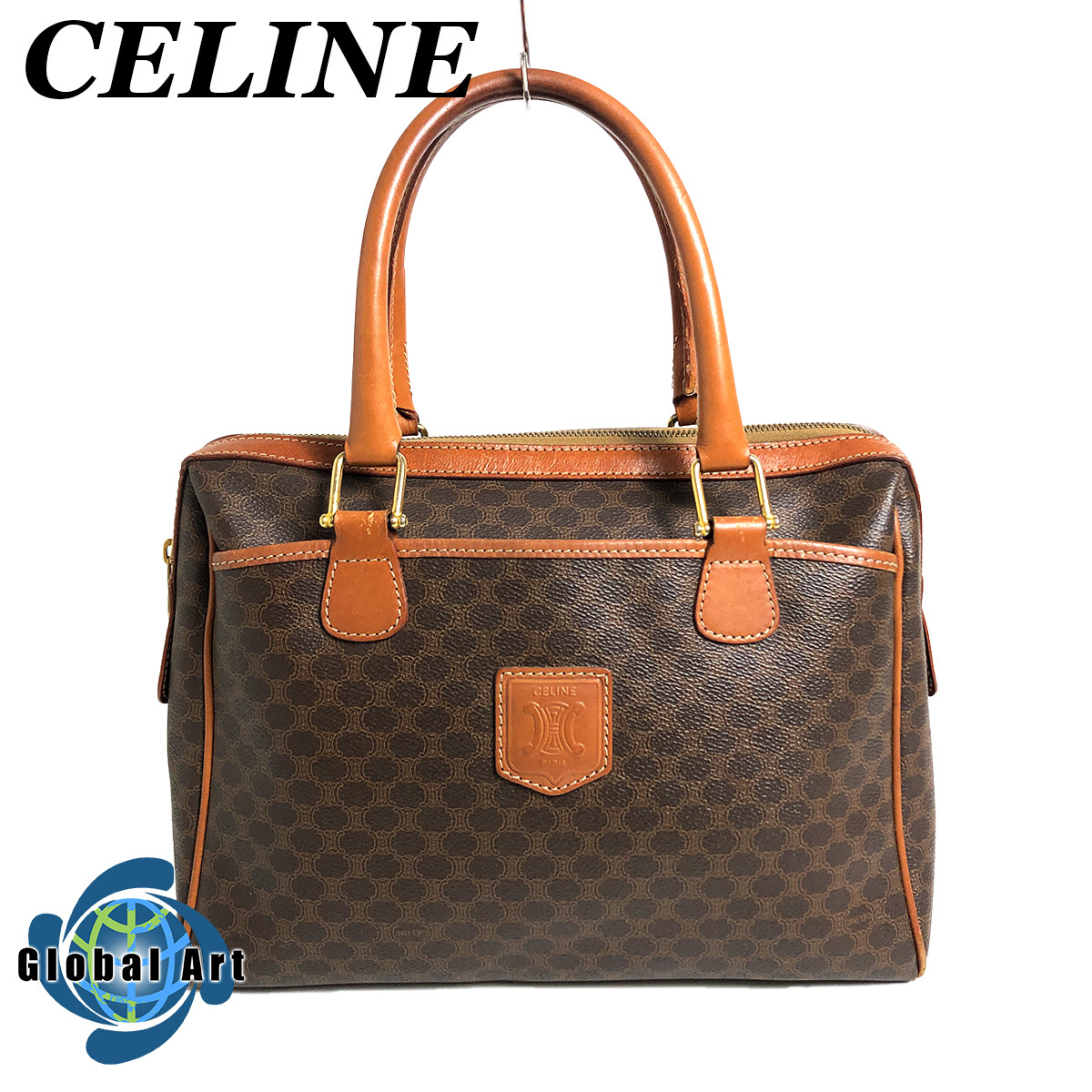 ●3D433/CELINE セリーヌ/ハンドバッグ/ミニボストン/マカダム/トリオンフ/ロゴ/ゴールド金具/PVC/レザー/キャメル/ブラウン/ヴィンテージの画像1