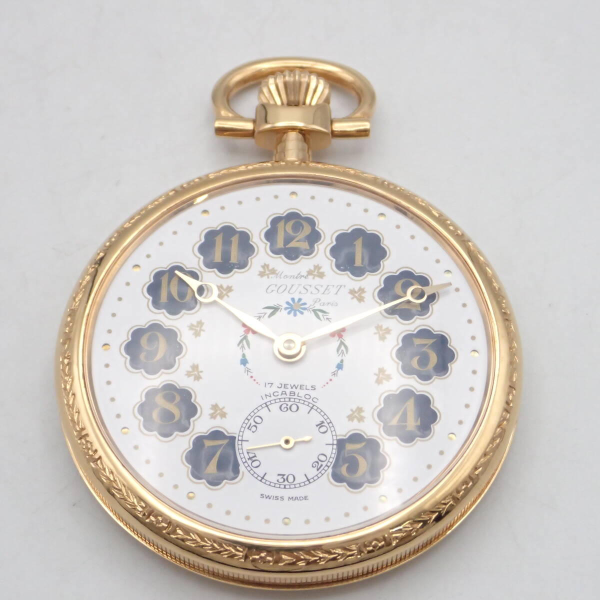 え04059【美品】Montre GOUSSET Paris グゼット/手巻き/懐中時計/オープンフェイス/17石/数字/文字盤 ホワイトの画像3