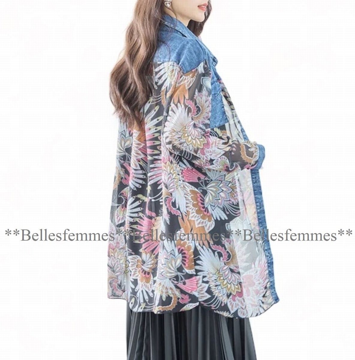 ★Belles*★新品★M～L★送料185円*エッジの効いた個性的デザイン*デニム＆シフォン切替*たっぷり長め丈*チュニックブラウス*443の画像8