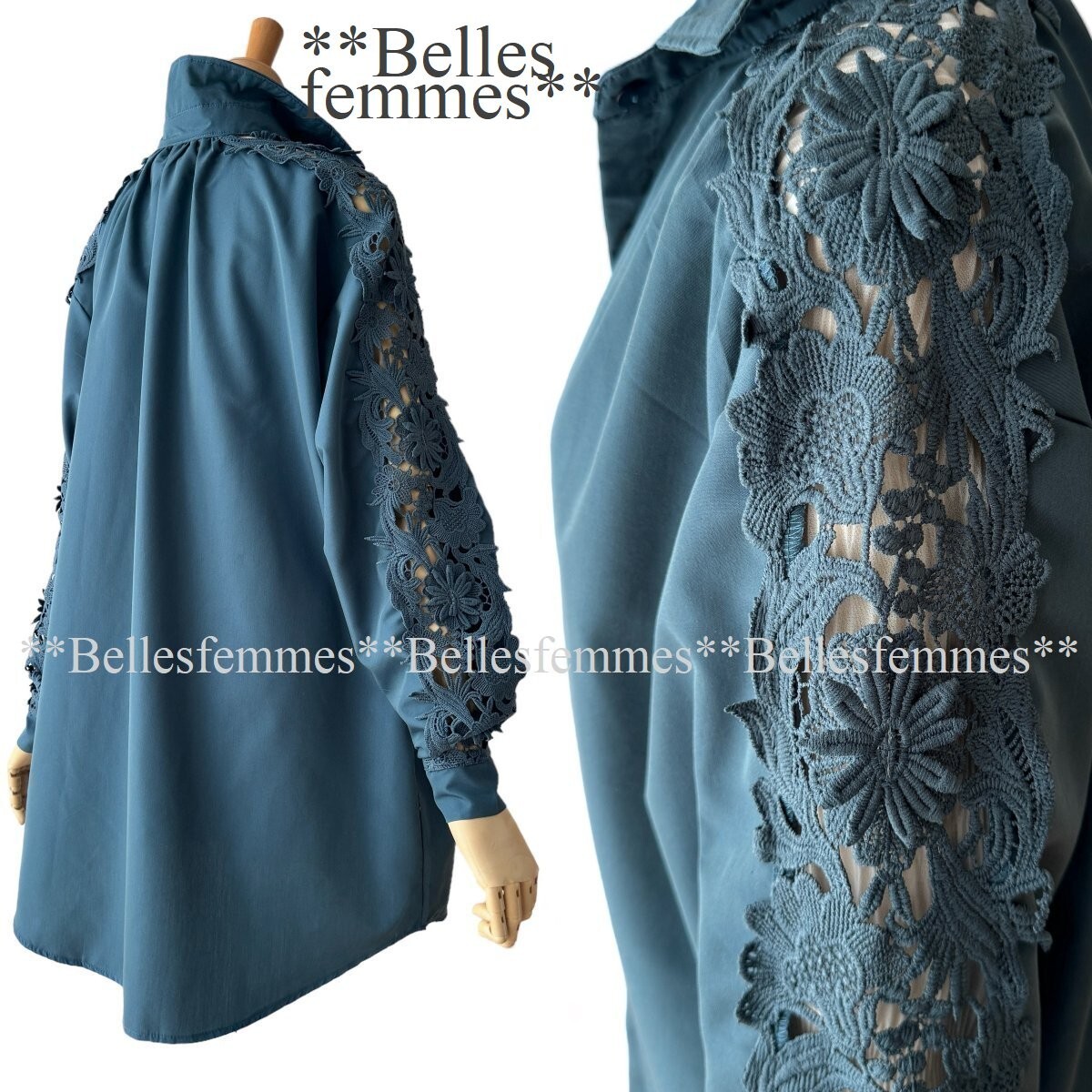 ★Belles*★新品*送料185円*今すぐ着られる春*重ね着*上品セレブチュニック*繊細なモチーフレース*ゆったりブラウス*588ブルーM～L/LL/XLの画像1