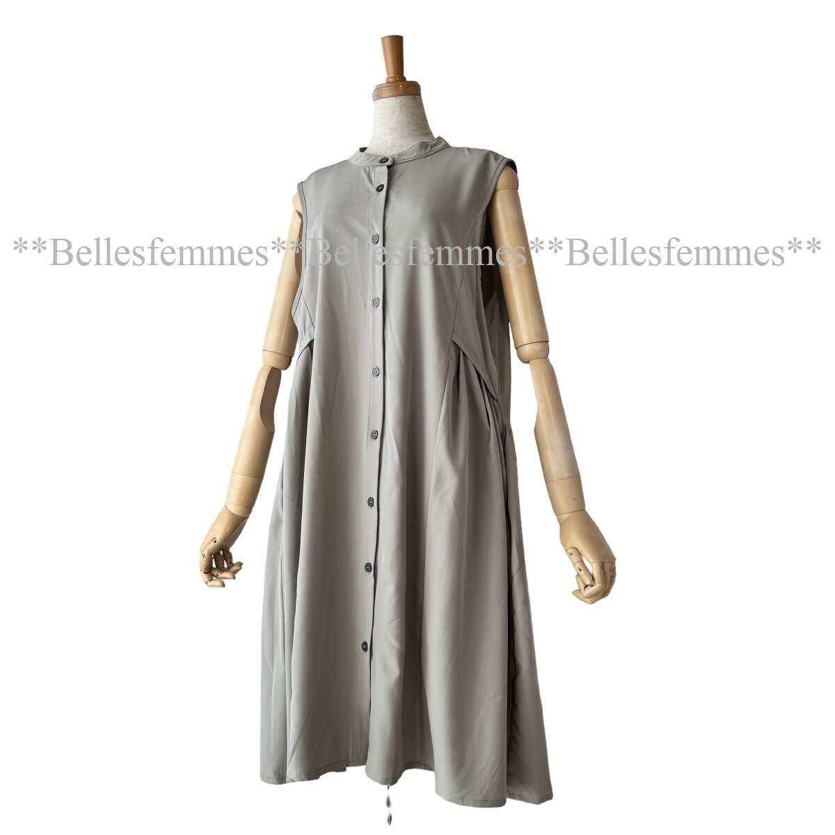 ★Belles*★新品M～L★送料185円*たっぷりギャザー*前ボタンロングベスト*ジャンスカやワンピースにも*ゆったり*ポケット付*595グレージュ_画像4