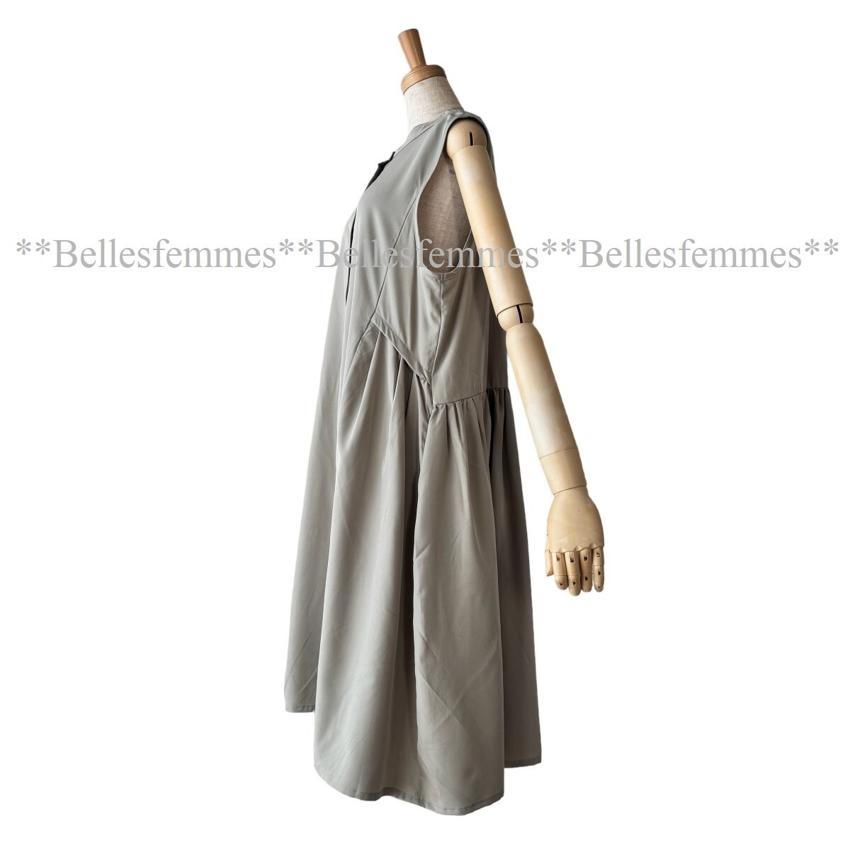 ★Belles*★新品M～L★送料185円*たっぷりギャザー*前ボタンロングベスト*ジャンスカやワンピースにも*ゆったり*ポケット付*595グレージュ_画像6