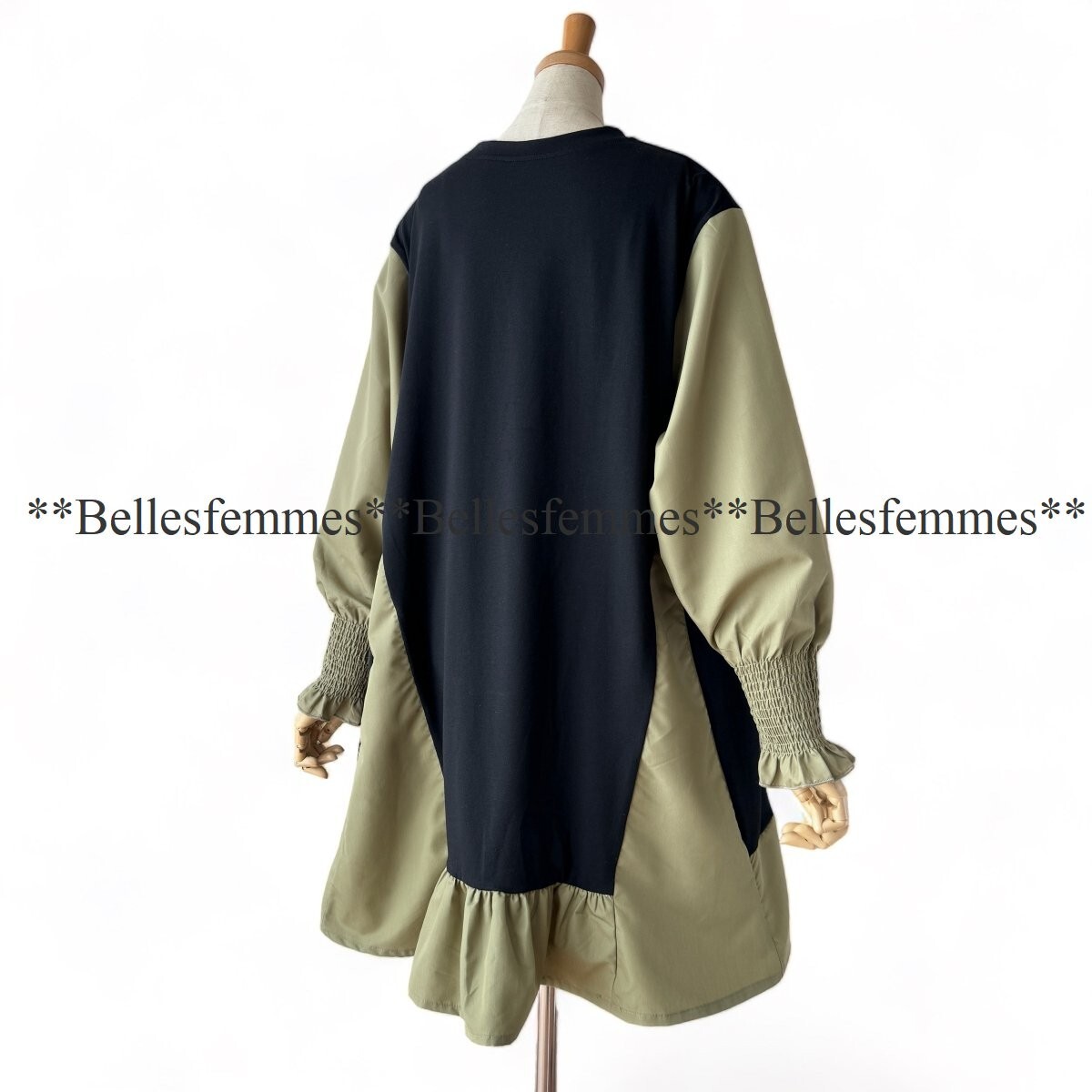 ★Belles*★送料185円★新品M～L対応★*大人可愛い*ボリューム袖とフレアデザイン*たっぷり長め丈チュニックワンピース*590黒×ピスタチオ_画像8