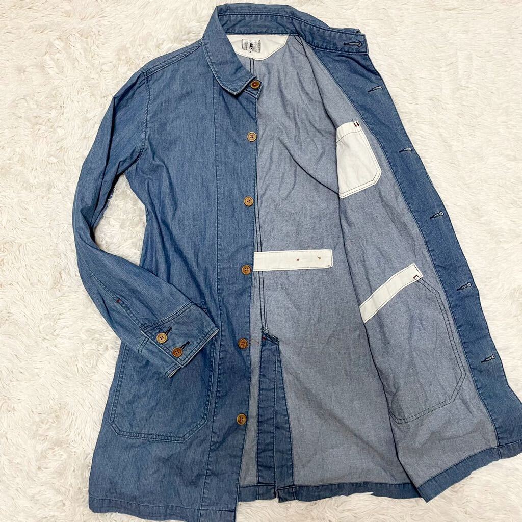 美品 デニム L ●タケオキクチ TAKEO KIKUCHI 春夏 ロングコート スプリング インディゴブルー 3サイズ ジャケット スタンドカラー メンズの画像1