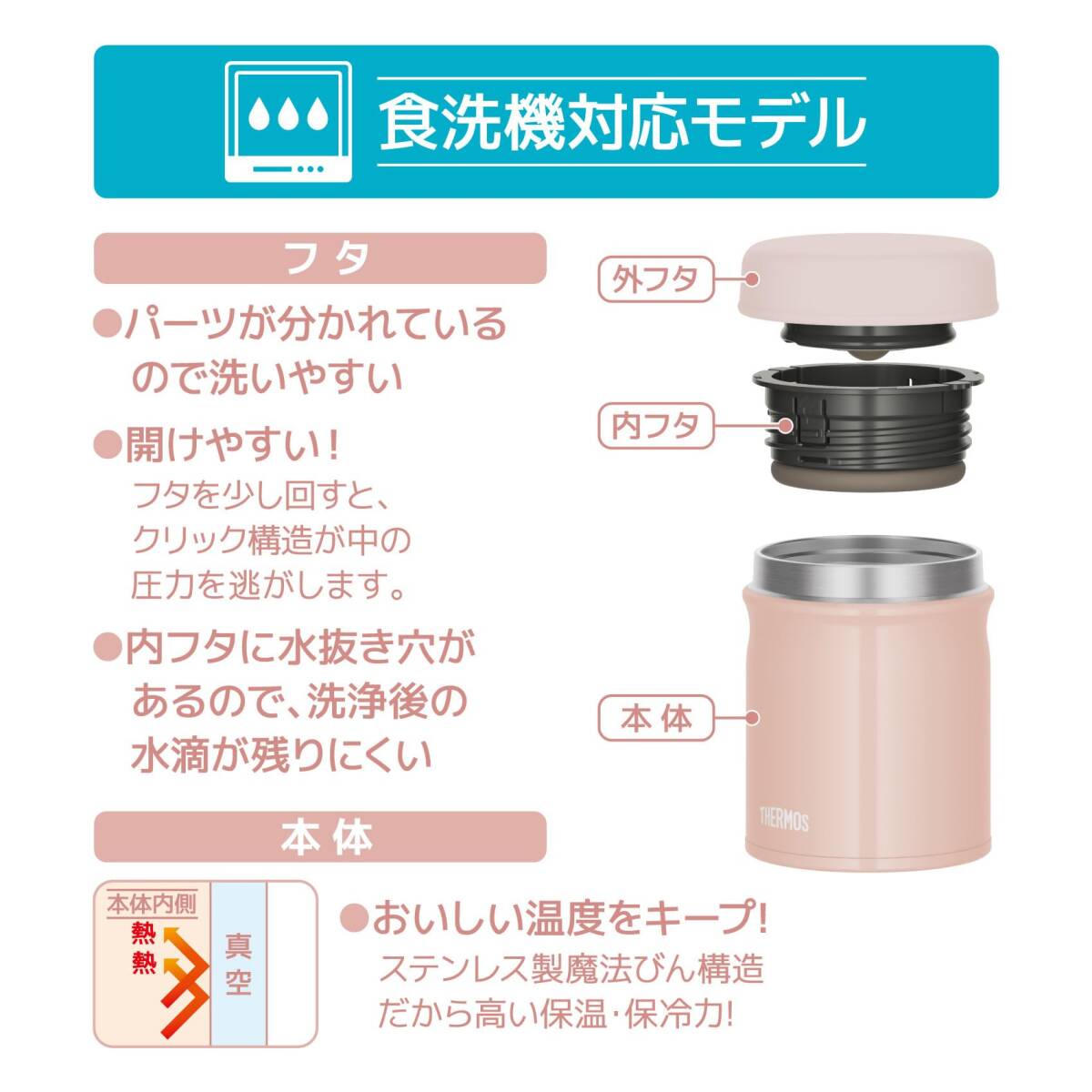 【食洗機対応モデル】 サーモス 真空断熱スープジャー 300ml ベージュピンク 全パーツ食洗機OK 保温保冷 お手入れ簡単 口当たりがやさしい_画像5