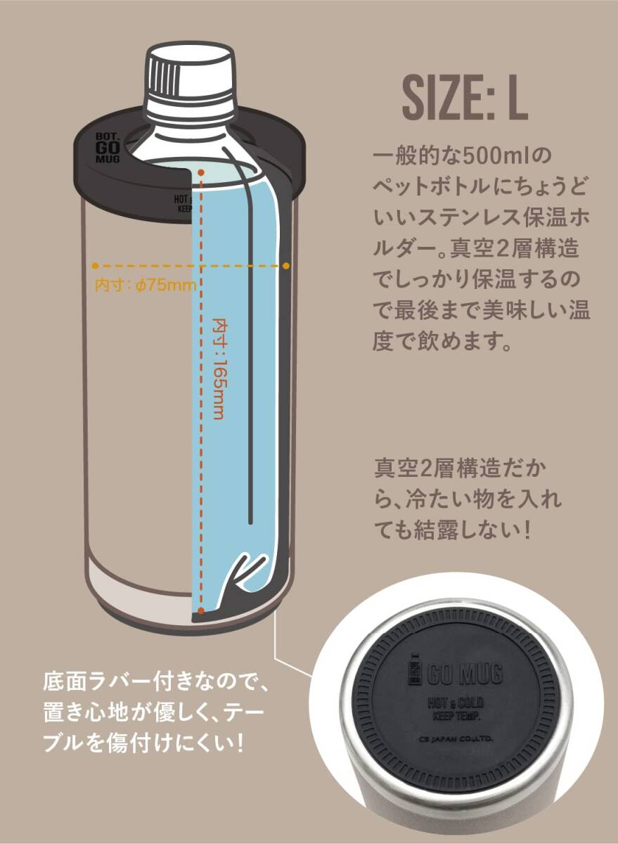 シービージャパン ペットボトルホルダー ライトベージュ 500ml [ステンレス 真空断熱 2層構造] 500mlボトル飲料 BOT GOMUG_画像5