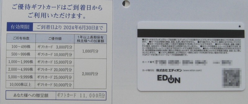 エディオン　株主様ご優待ギフトカード11000円分 2024年6月30日迄_画像1