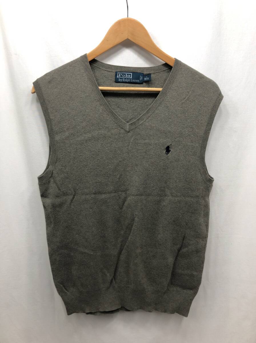 POLO RALPH LAUREN 薄手 綿ニット ベスト Vネック メンズ S 170/92A カーキグレー ポロ ラルフローレン 24041001_画像1