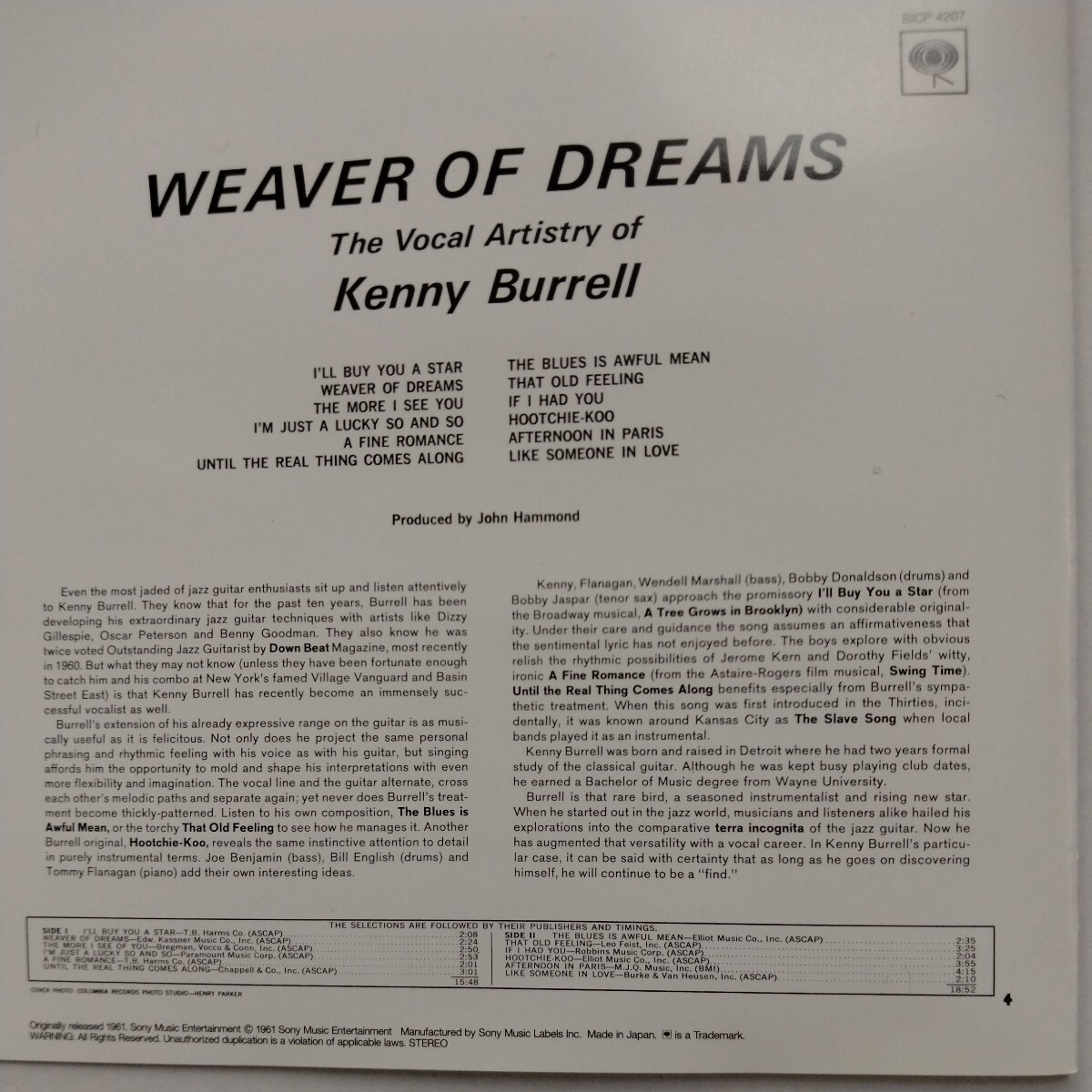 CD KENNY BURRELL/weaver of dreams ケニー・バレル/ウィーヴァー・オブ・ドリームス Sony Music SICP4207 jazz collection 1000 期間生産の画像5