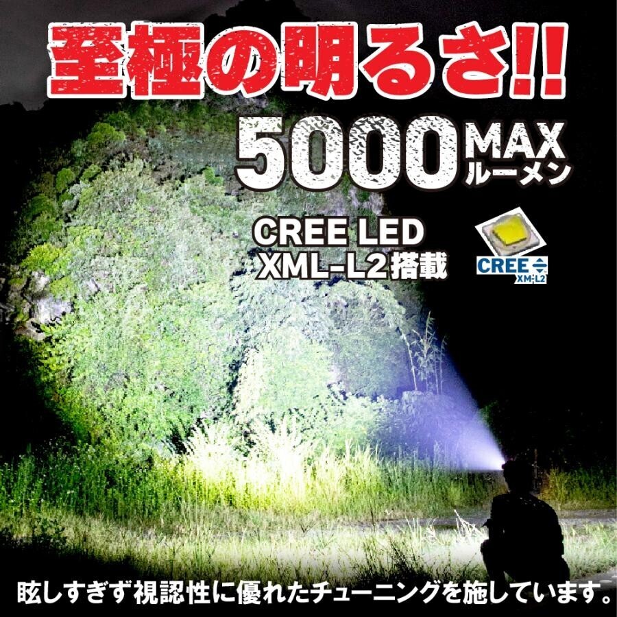 LED ヘッドライト USB充電 LEDヘッドランプ 5000ルーメン IPX6防水 軽量 ヘッドランプ 充電式 懐中電灯 作業灯 夜間作業 夜釣で キャンプの画像2