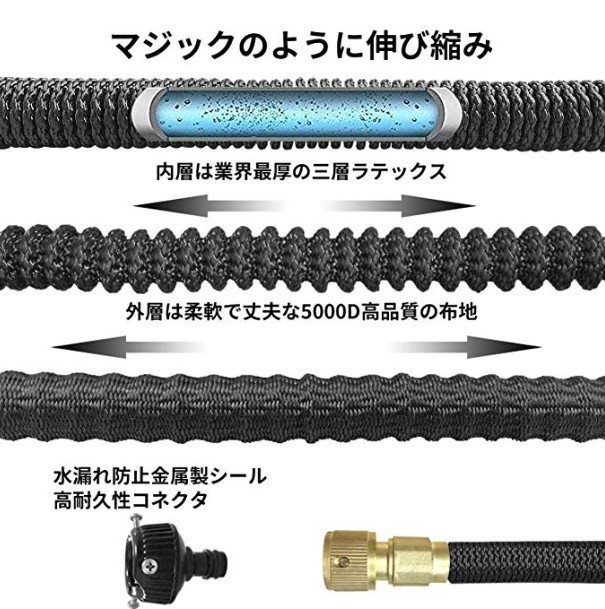 ホース 散水ホース 【 2.5～7.5ｍ 】ブラック 伸縮ホース 伸びるホース ノズル ニップル 【新品】超強化軽量素材 園芸 水やり 洗車_画像3