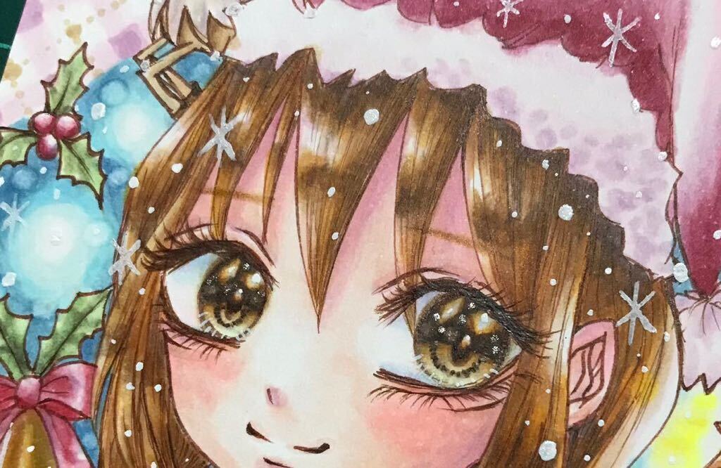 きらきらクリスマス女の子　コピックカラー　ハガキサイズ　手描きイラスト　自作イラスト_画像5