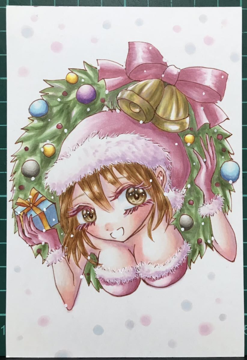 クリスマスリースからサンタガール　手描きイラスト　自作イラスト　ハガキサイズ。_画像3