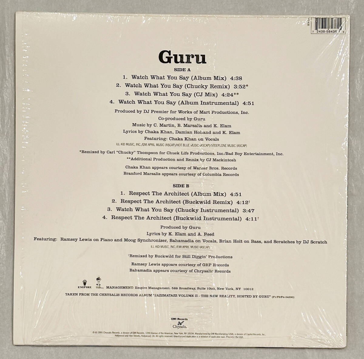 ■1995年 オリジナル US盤 Guru - Watch What You Say 12”EP Y-58438 Chrysalis_画像2