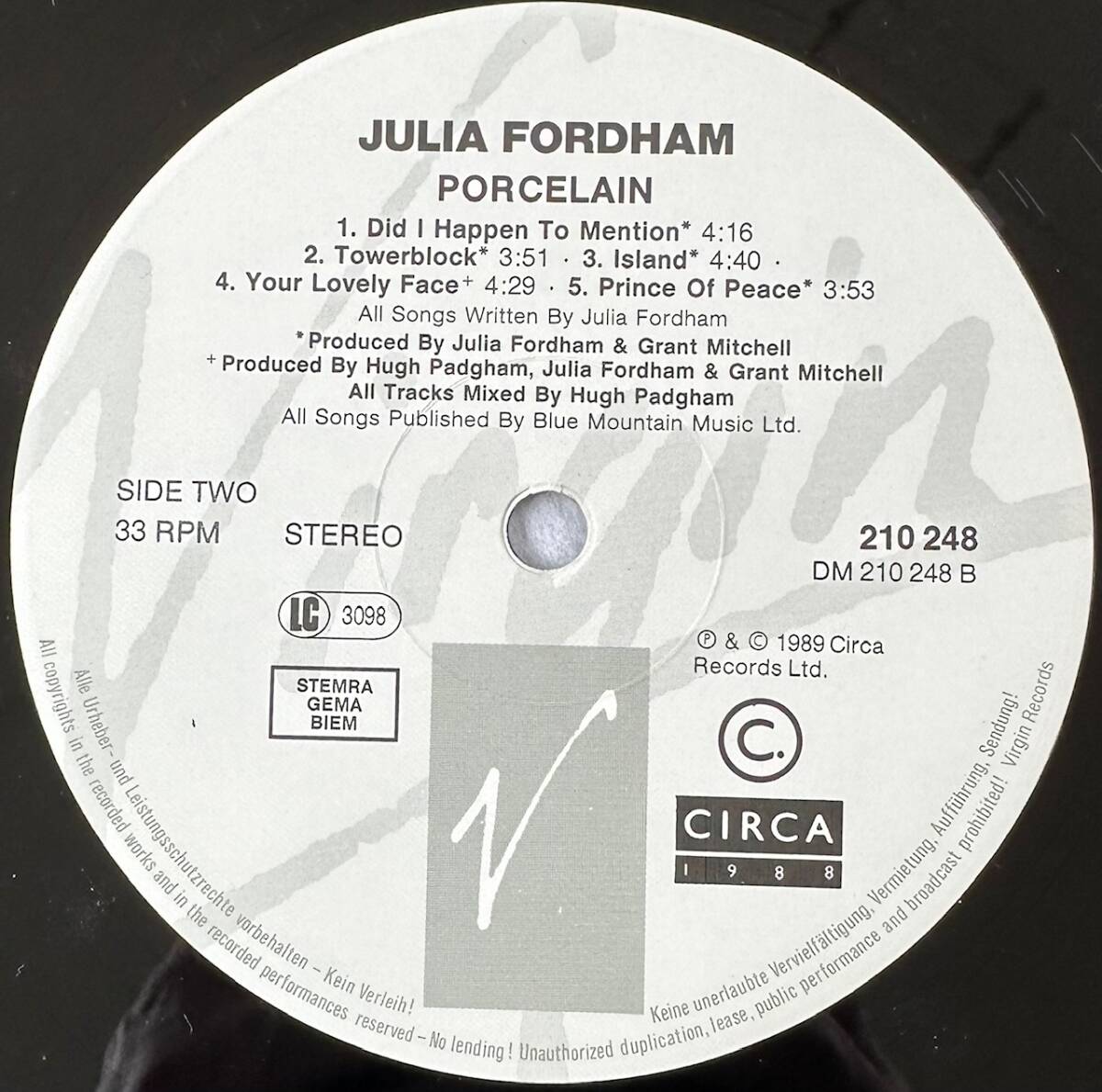 ■1989年 オリジナル UK盤 Julia Fordham - Porcelain 12”LP 210 248 Circa_画像5