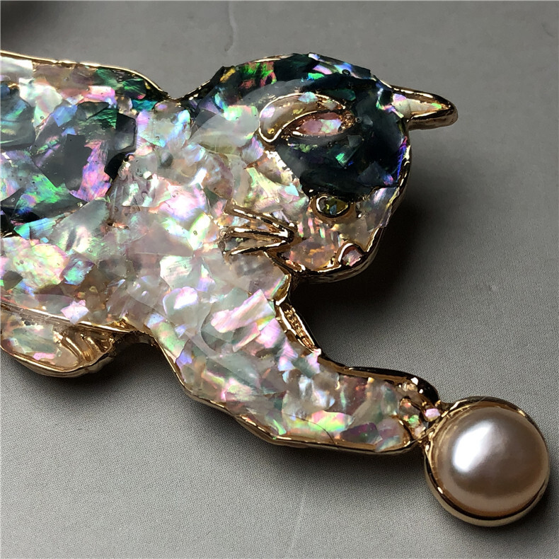 猫 真珠象嵌 貝シェル  ブローチ  手芸 手作り品 共箱の画像5