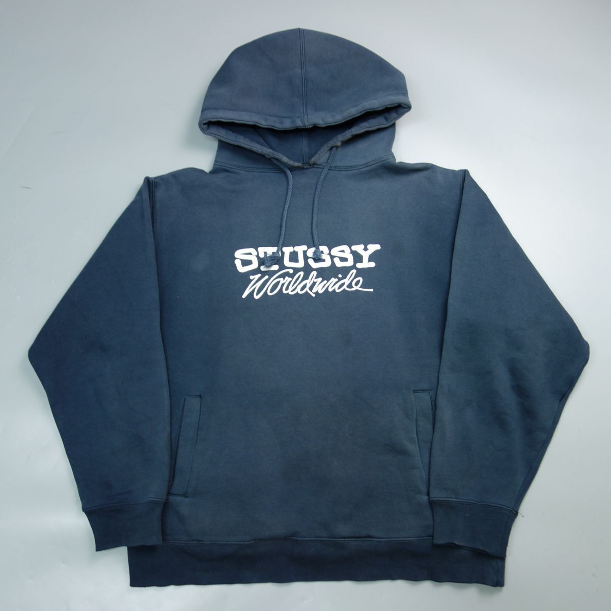 00s STUSSY ステューシー ロゴプリントスウェットパーカー M メンズ ネイビーフェードの画像1