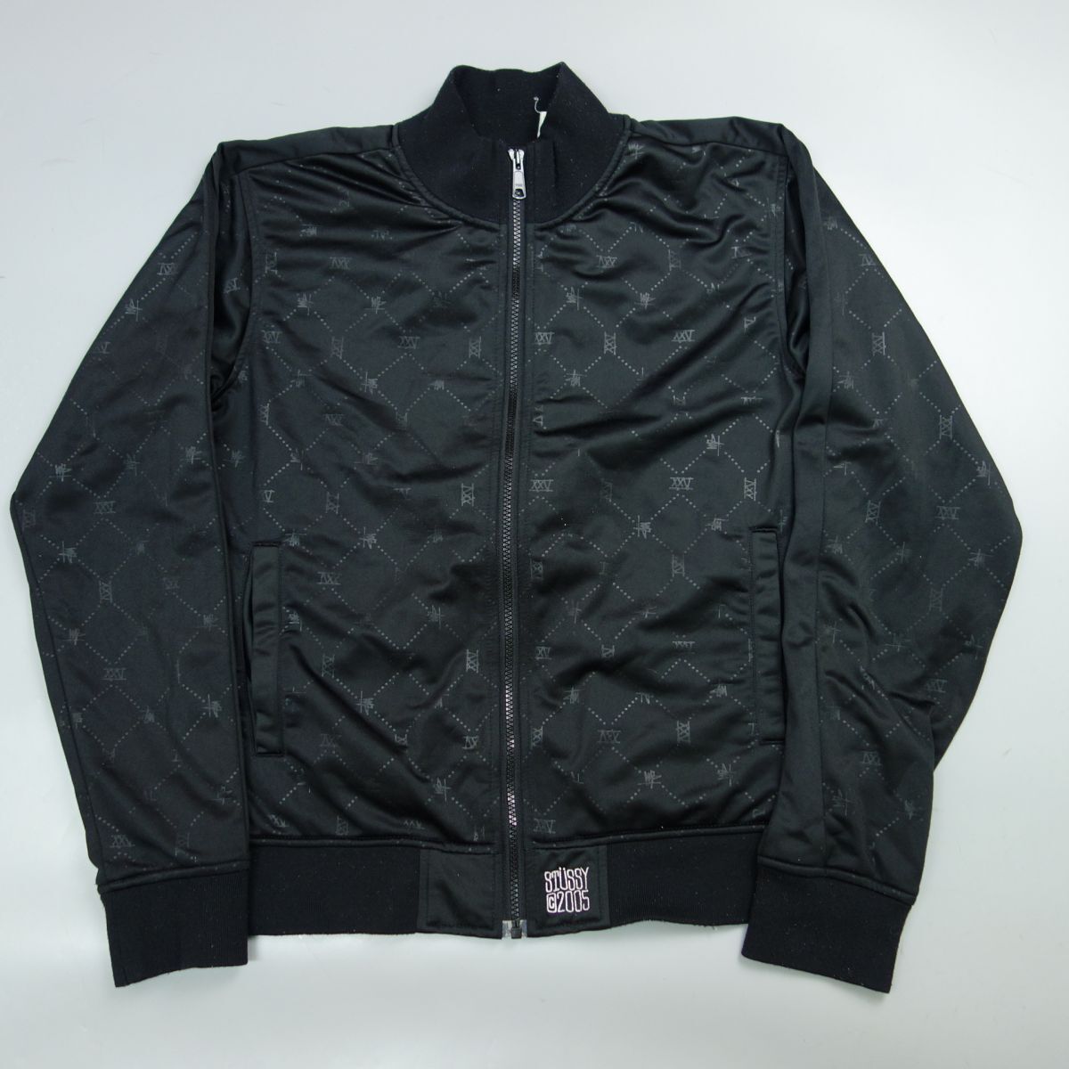 00s STUSSY ステューシー 2005 ロゴ総柄ジップアップジャージジャケット トラックジャケット M ブラック メンズ_画像1