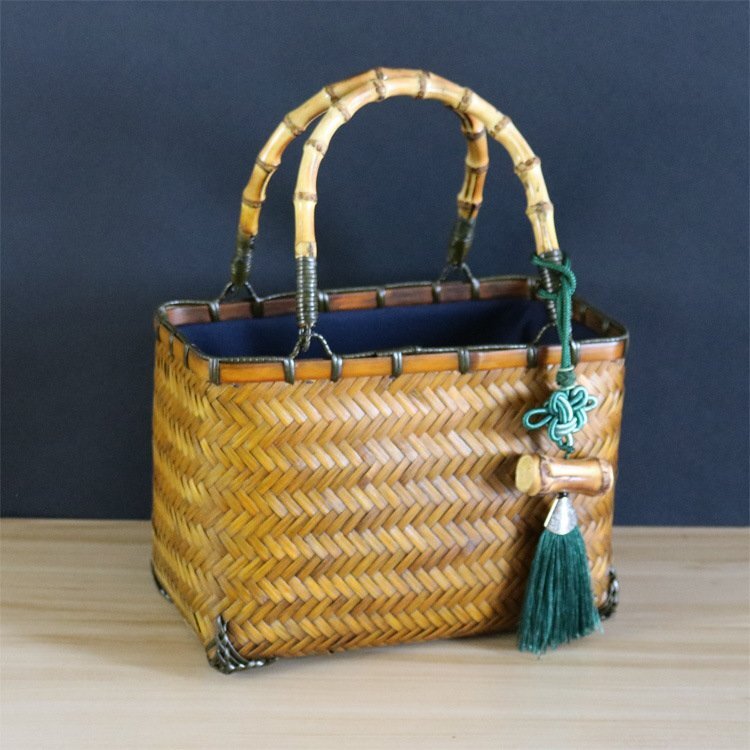 天然素材 竹編みのバッグ かごバック 細工籠 網代バッグ トートバッグ 籠 バッグ 内布付き ハンドメイド 竹編持手の画像4