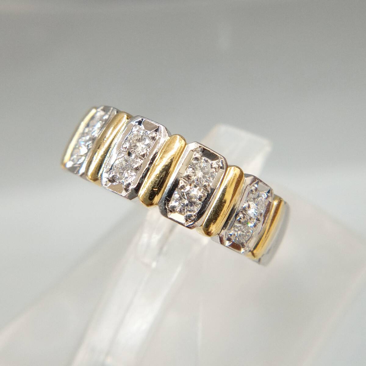 経典 Pt900 プラチナ K18 18金 イエローゴールド コンビ ダイヤモンド0.32ct 8.5号 6.5g アンティーク風 平打ち メレダイヤ プロングセット プラチナ台