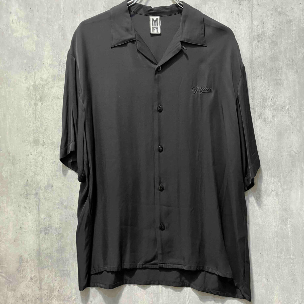 MYne open color shirt オープン カラー シャツ バッグ刺繍 ブラック SIZE S GSDSH001 マイン_画像1