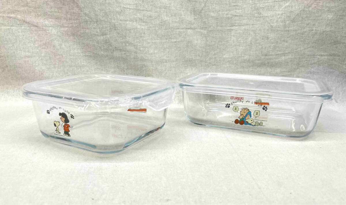 [未使用] Pyrex ×SNOOPY パイレックス スヌーピー 保存容器 2個セット クリスタルガラス 蓋付き 食器 キッチン 作り置き キャラクター_画像5