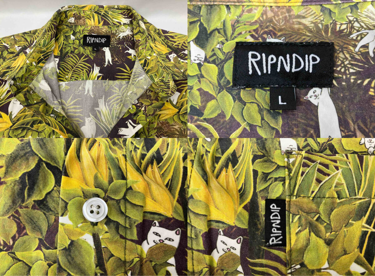 RIPNDIP リップンディップ 半袖シャツ Lサイズ コットン100% 猫 グリーン系 アロハシャツの画像5