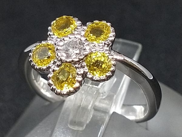 【値下げ】 ダイヤモンド Pt900 イエロー 店舗受取可 #5 D0.7ct 0.74ct プラチナ 指輪 リング デザイン フラワー 黄色石 プラチナ台