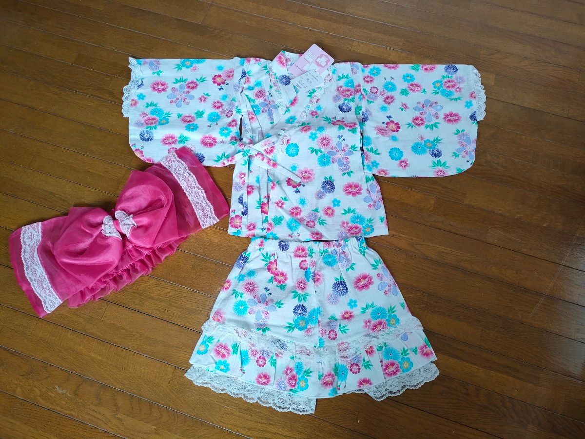 90サイズ　浴衣　セパレートタイプ　帯付　クーポン　女の子　花柄　浴衣ドレス